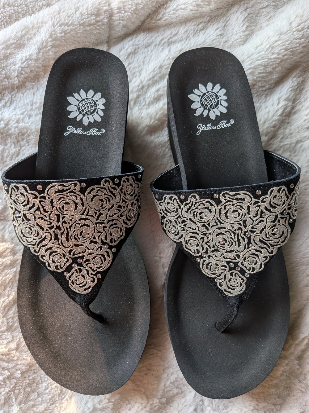 YellowBox Black Joella Wedge Flip Flops Rose Embroidered Bling Sandals Size 7.5